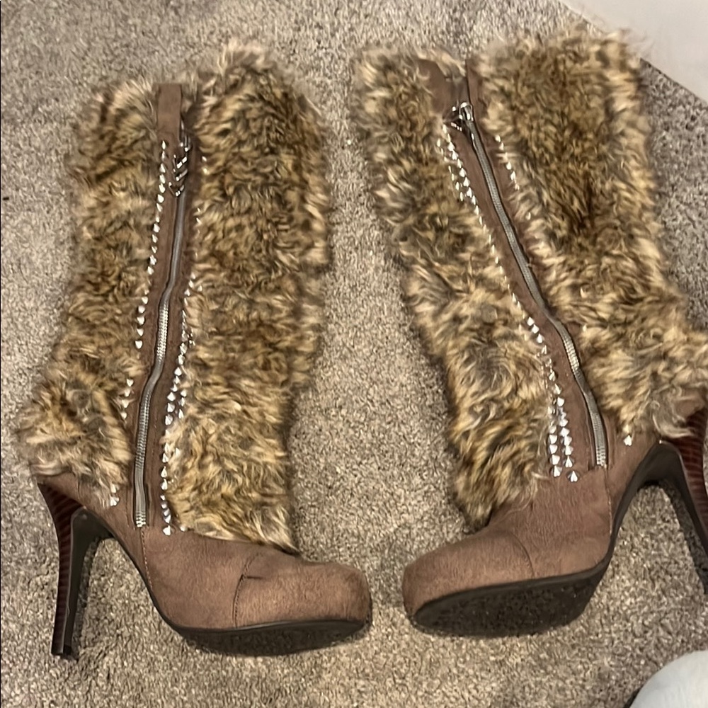 Faux Fur Brown High Heel Boots